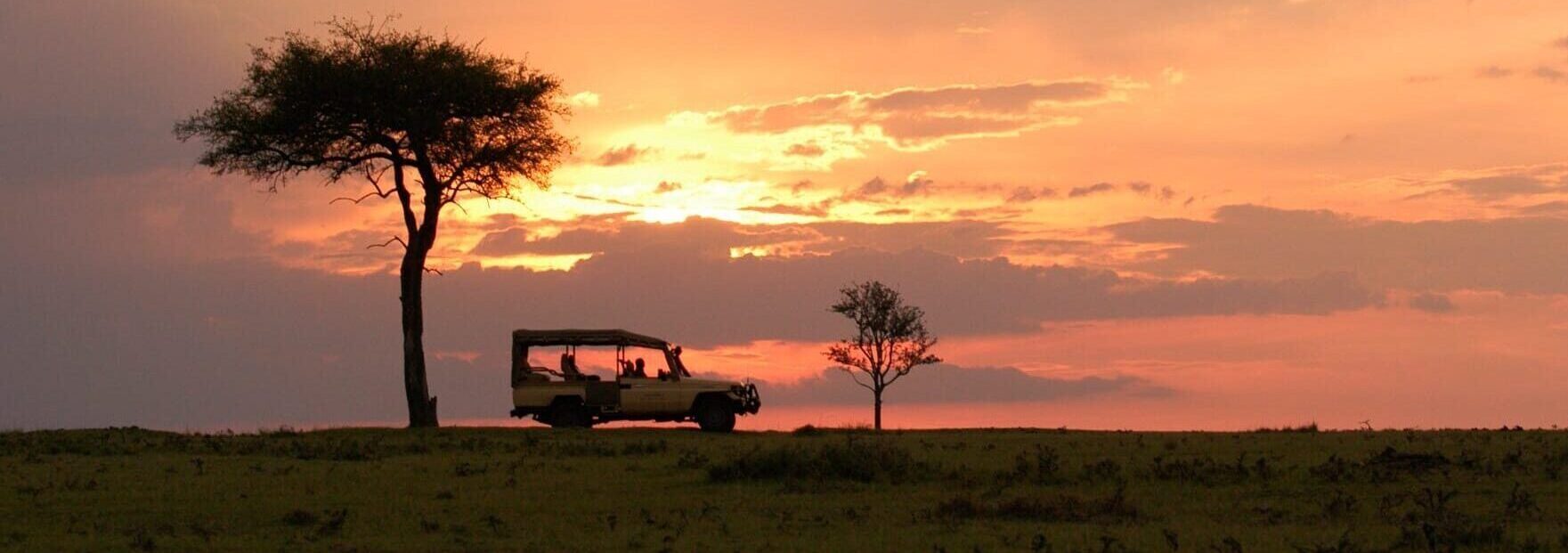 Safaribil på savanne i solnedgang på safari i Kenya