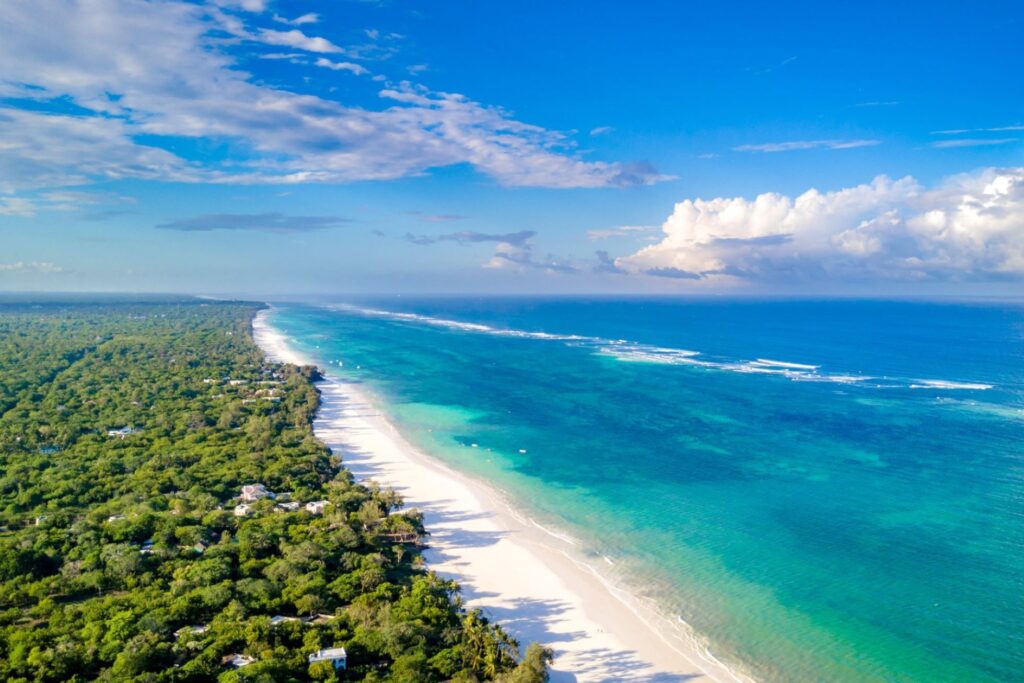 Hvit sandstrqand på Diani Beach Kenya med trær på den ene siden og turkis hav på den andre
