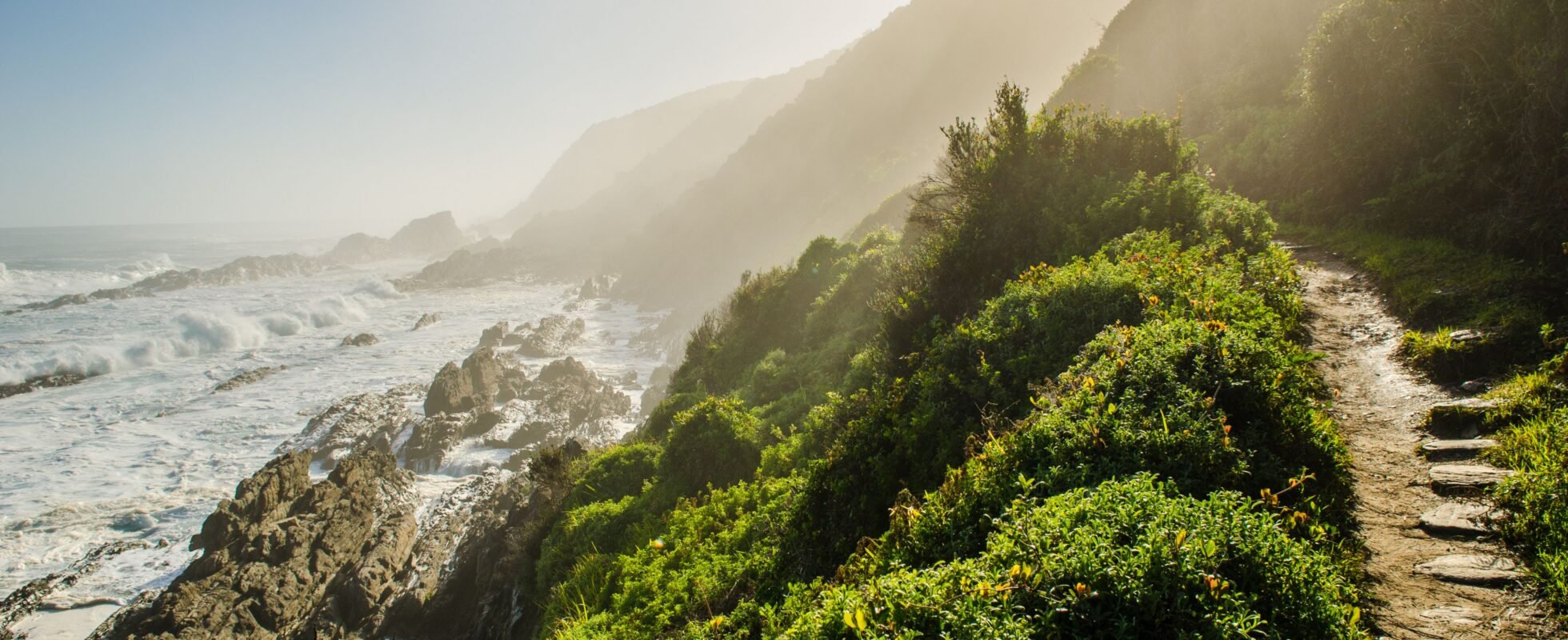 Hav, klipper og grønt med solstråler