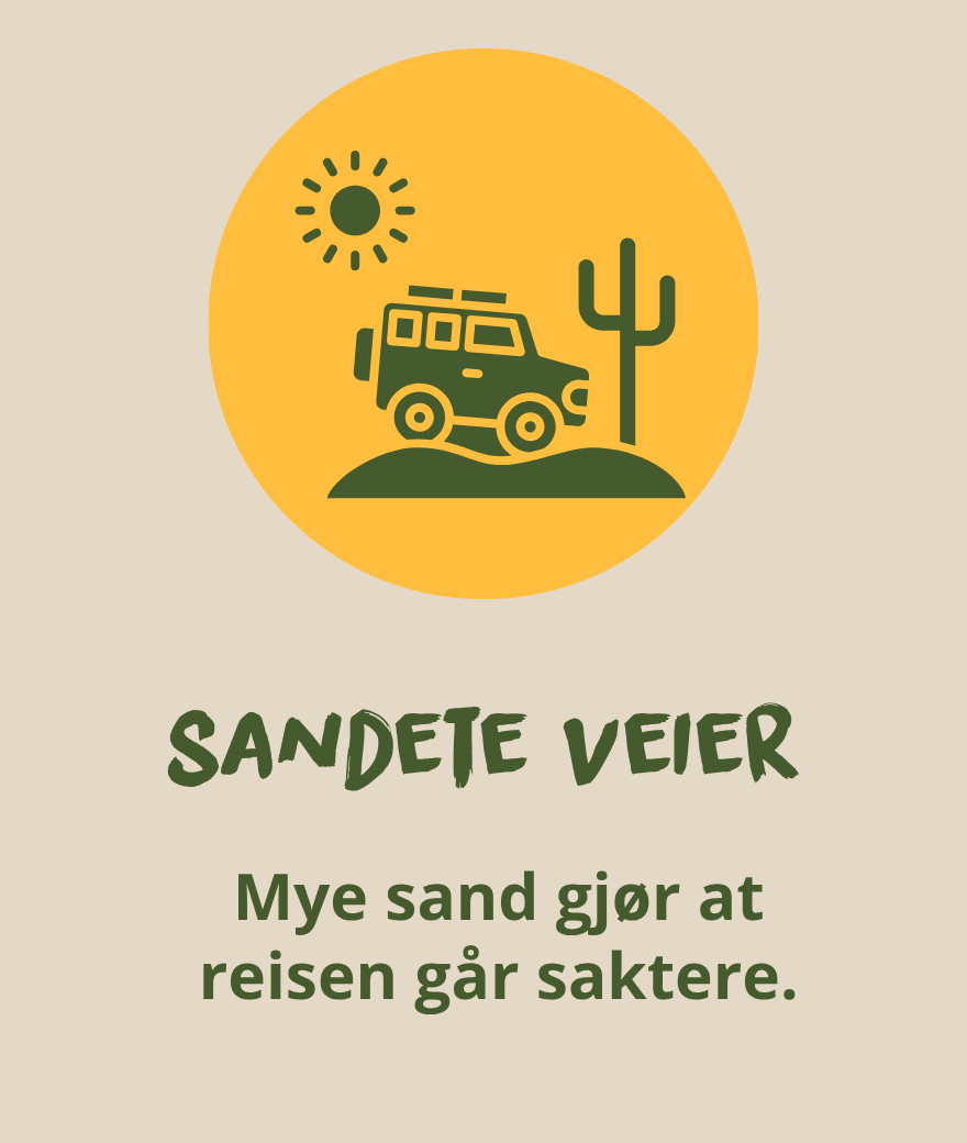 En safaribil kjører på sandete veier i Botswana, der mye sand gjør at reisen går saktere.