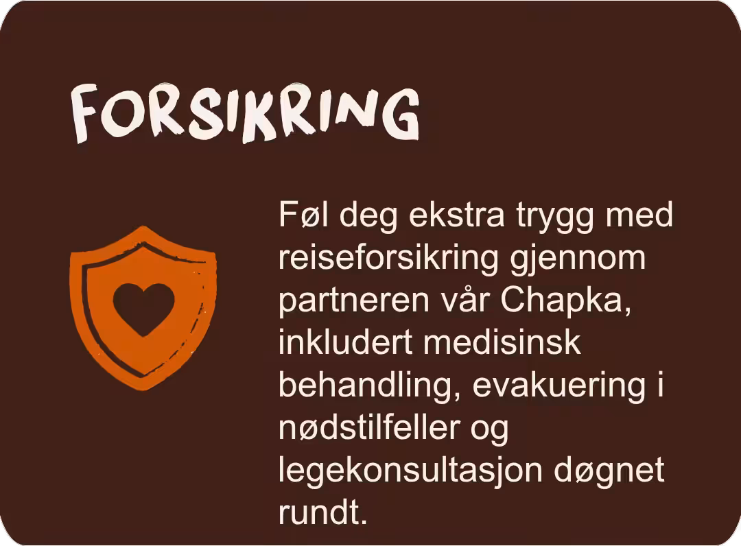 Reiseforsikring via Chapka med medisinsk hjelp, akutt evakuering og legekonsultasjoner døgnet rundt.