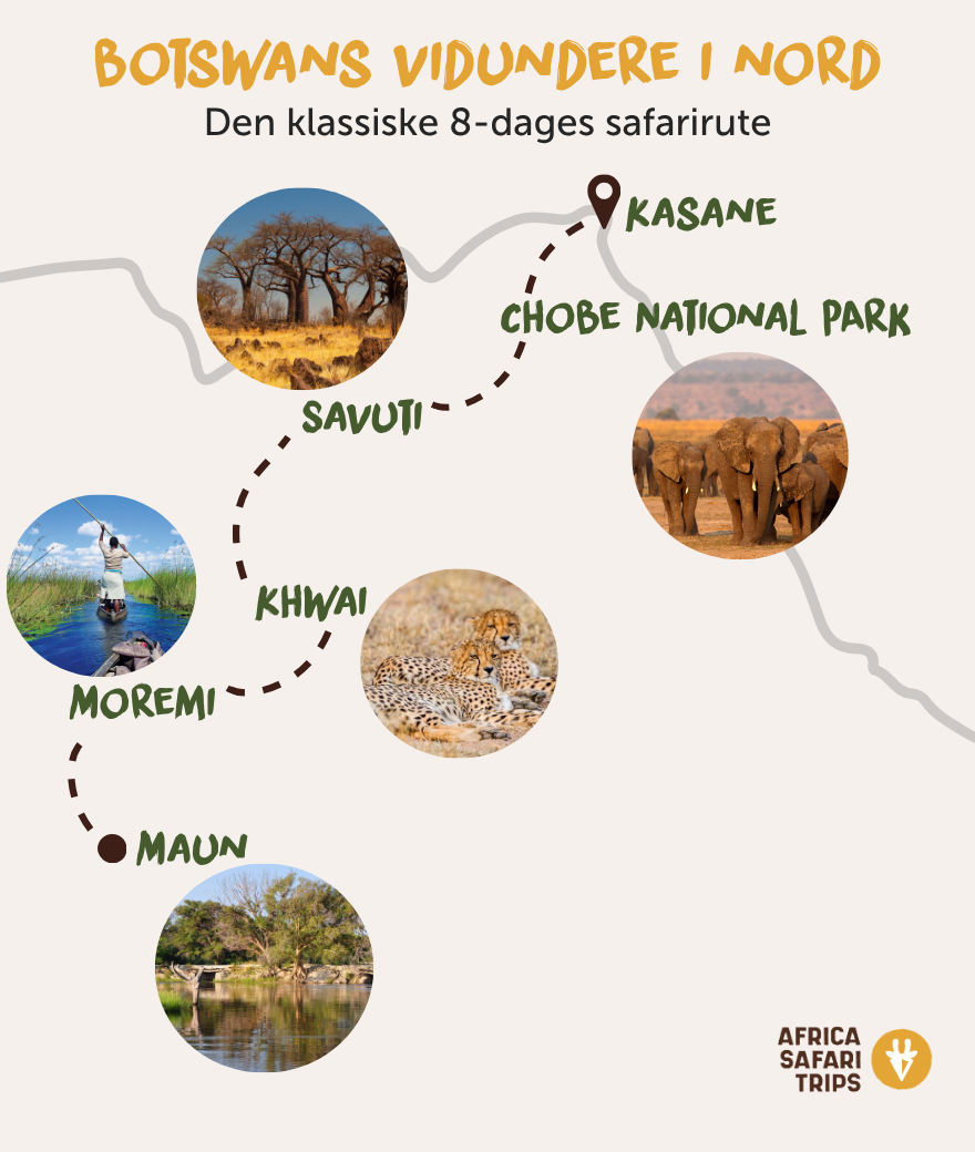 Kart over safariruten i Botswana fra Maun til Kasane via Moremi, Khwai, Savuti og Chobe nasjonalpark