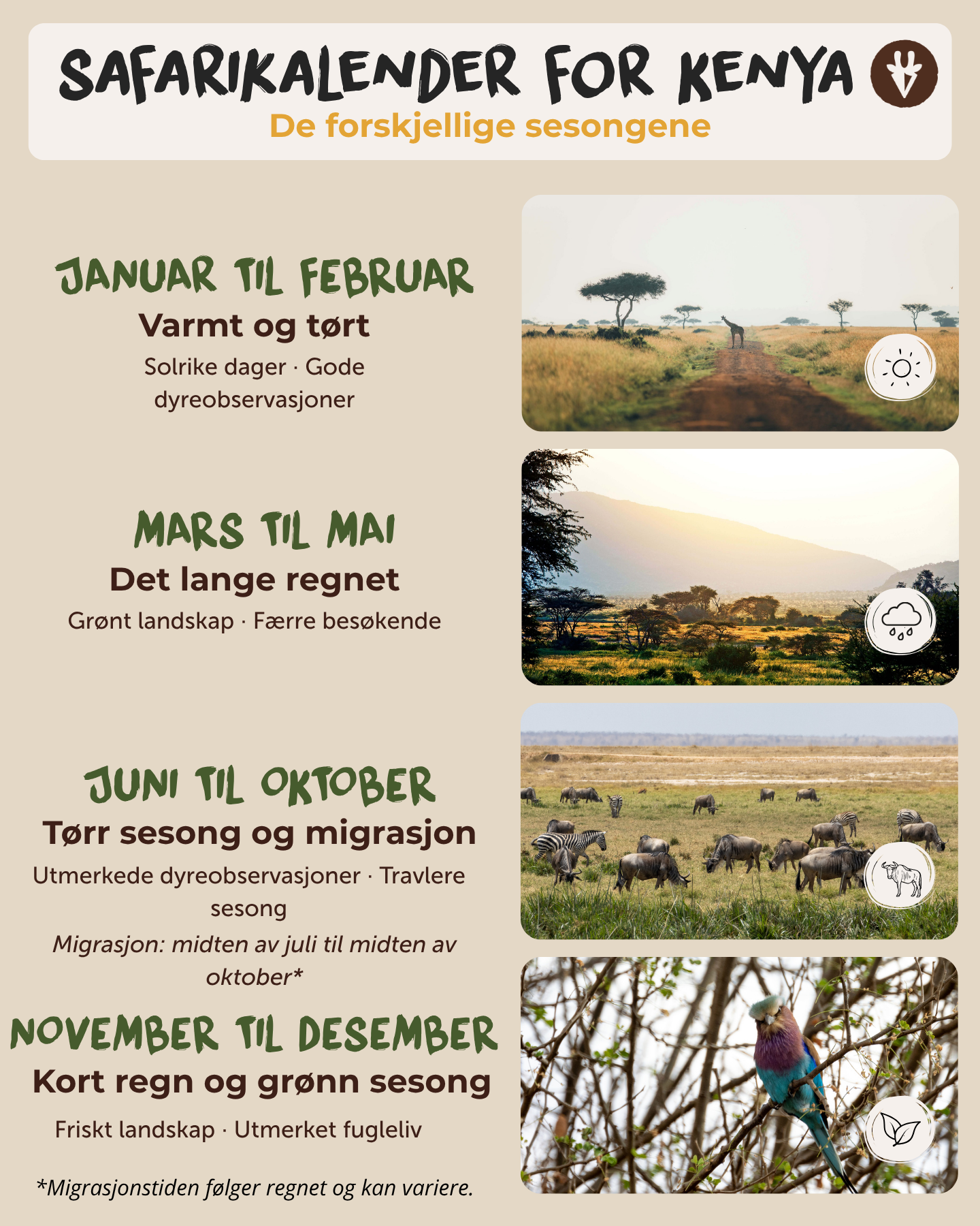 Safarikalender for Kenya som viser den varme tørketiden, den lange regntiden, migrasjonssesongen, den korte regntiden og den store migrasjonen fra midten av juli til midten av oktober.